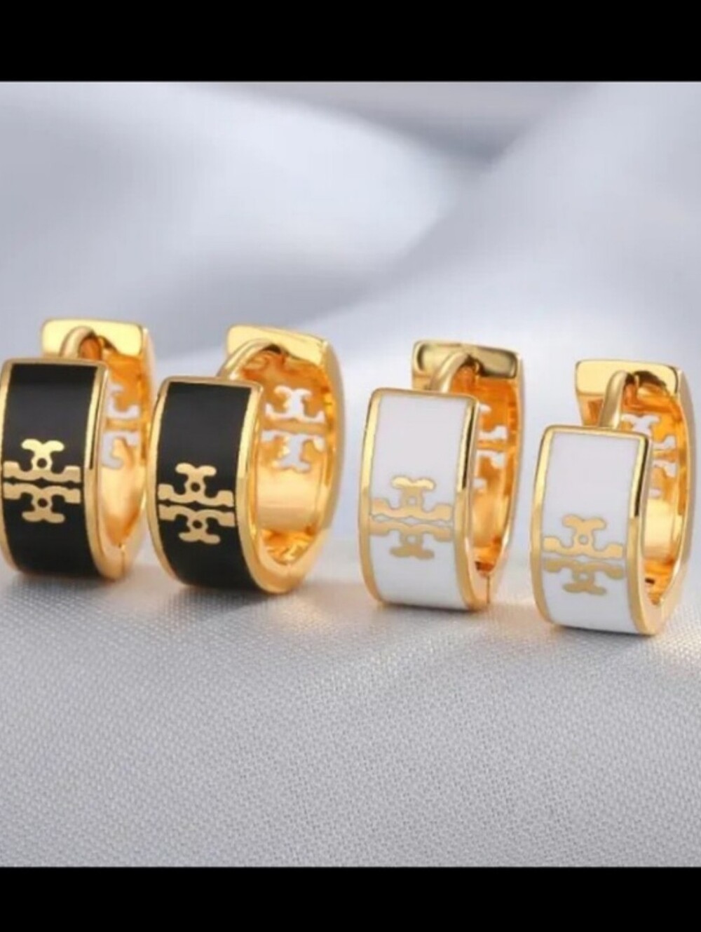 2 Pairs-Gold Hoop Huggie Earrings In Blk. & White